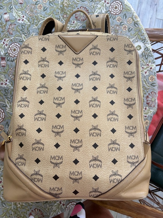 MCM Handbags - MCM Cognac Beige Monogram Backpack with Black Logos